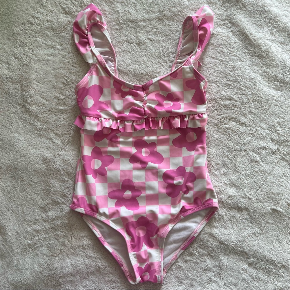 🌸🩷Pink & White Checkered Floral Swim Suit🩷🌸